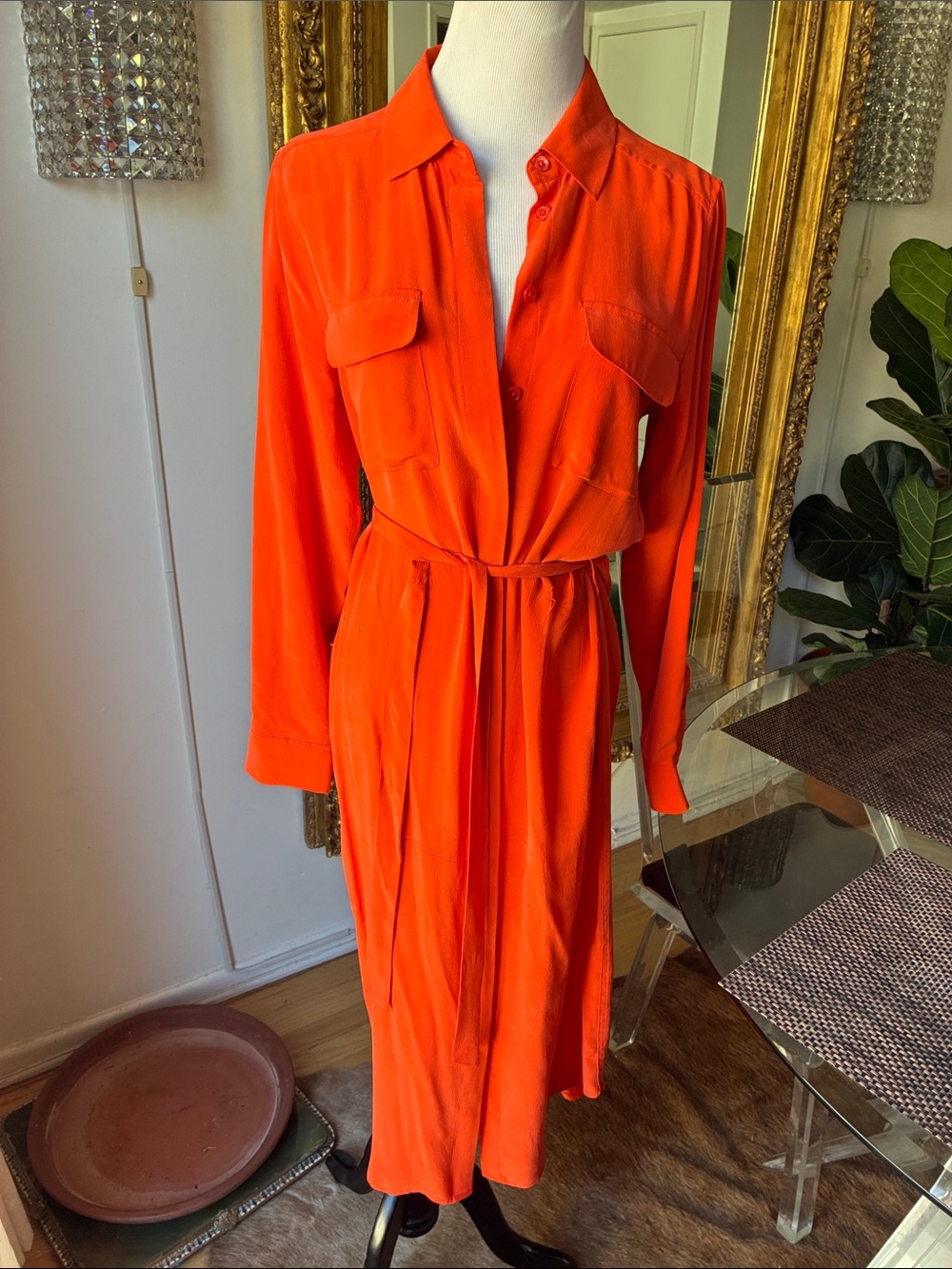 Equipment femme silk Long-Sleeve Shirt Dress in Bright Orange size small